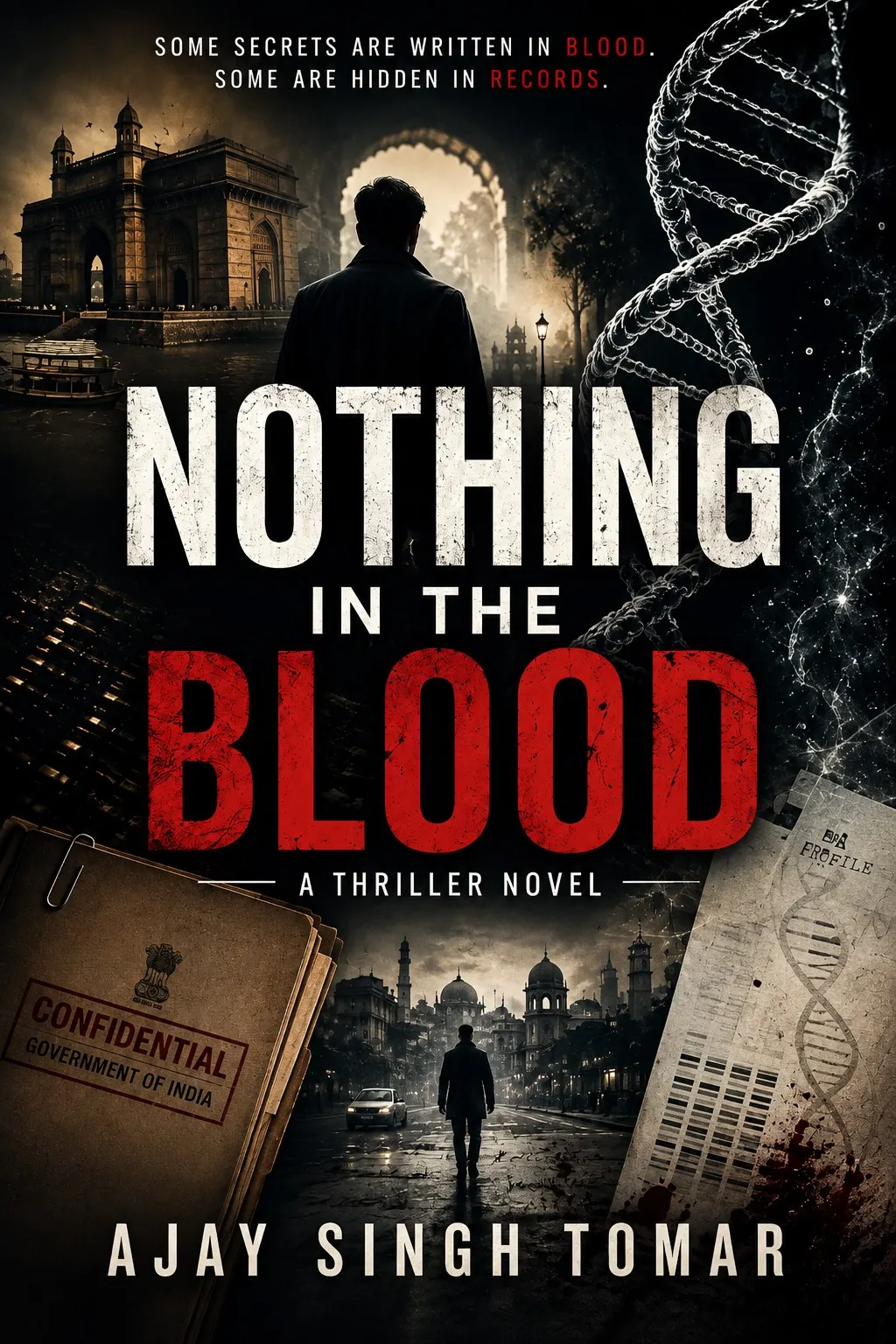 Cover of Nothing in the Blood by Ajay Singh Tomar: a man in a dark coat before the Gateway of India, a DNA helix and a confidential government file